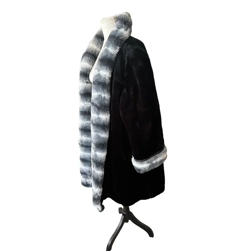 Scandinavian Faux Fur Coat Oversized Grey Striped Fox Mob wife Trim Sz 1X 90s - Picture 1 of 14